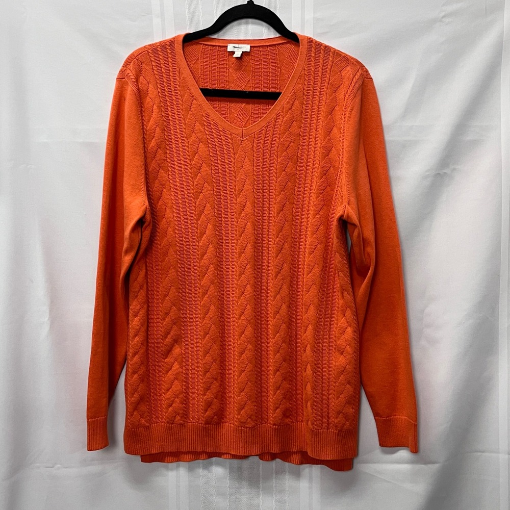 Talbots Womens Orange Cable Knit V-Neck Cotton Sweater L Hipster Preppy Pumpkin
